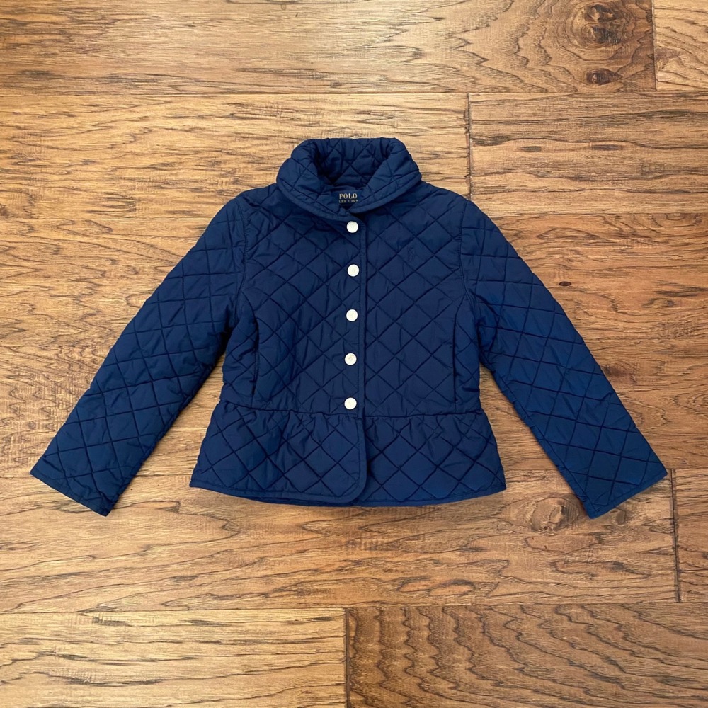 Polo Ralph Lauren Quilted Kids Jacket Girls  6X Navy Blue Peplum Bow Barn Coat